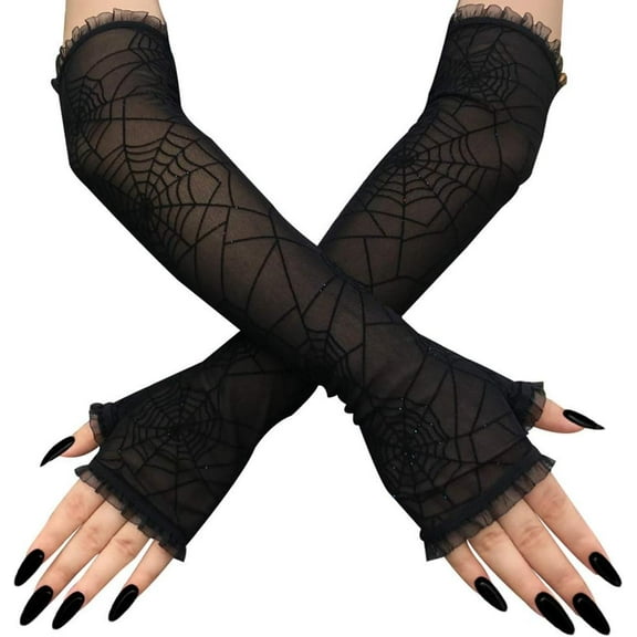 Dalrosia Women's Spider Web Lace Fingerless Glove Glitter Black Fingerless Gloves for Halloween Cosplay Costume Accessories