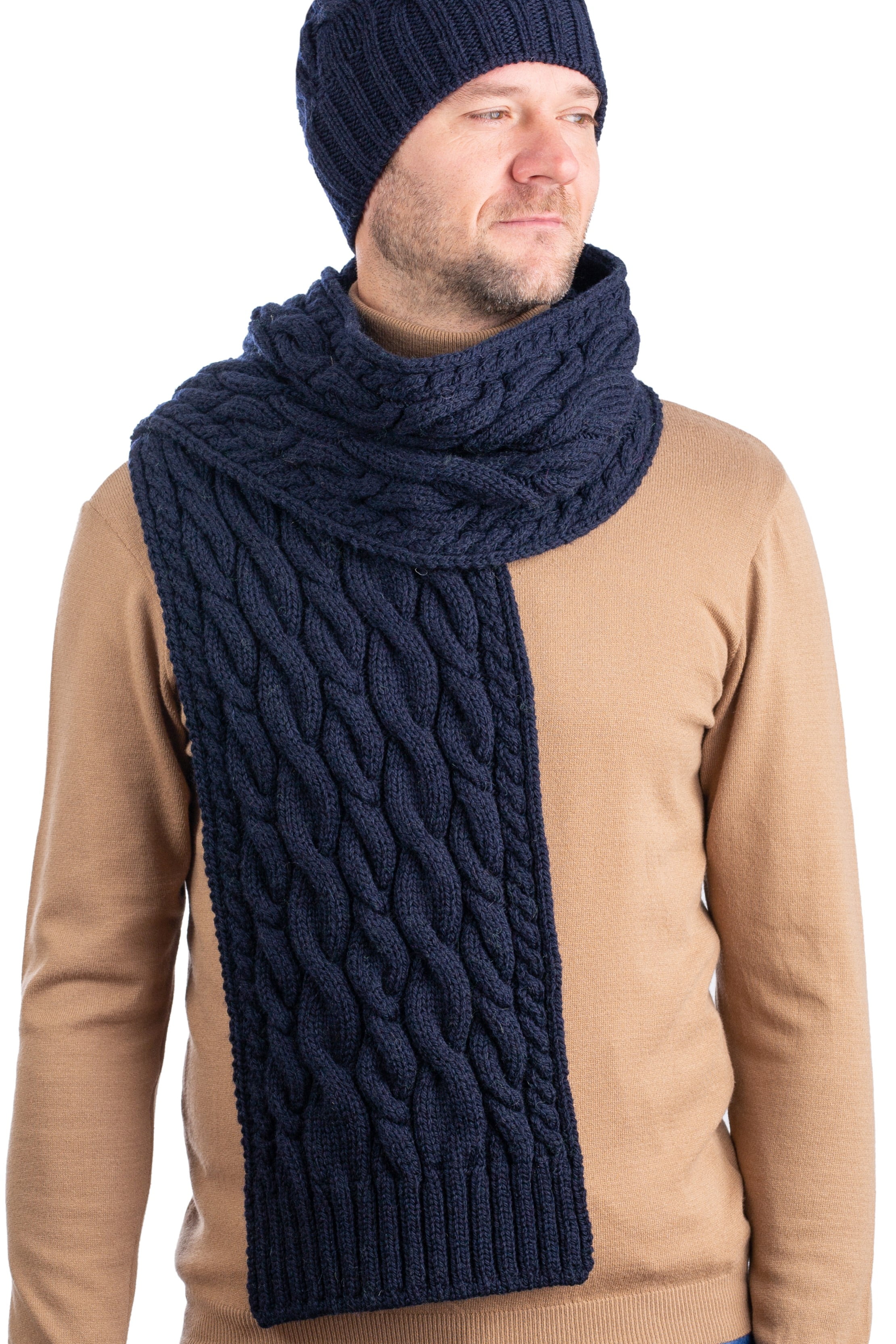 SAOL Men Merino Wool Cable Knit Cold Weather Scarf Navy