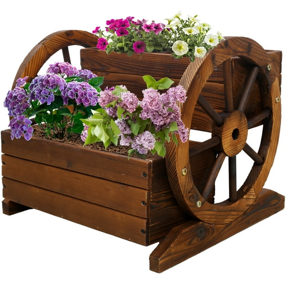 Rustic Wooden Wagon Planter Box with Wheels, 2-Tier Garden Flower Cart for Patio, Balcony & Indoor Decor, Fir Wood Planter for Herbs, Vegetables & Flowers
