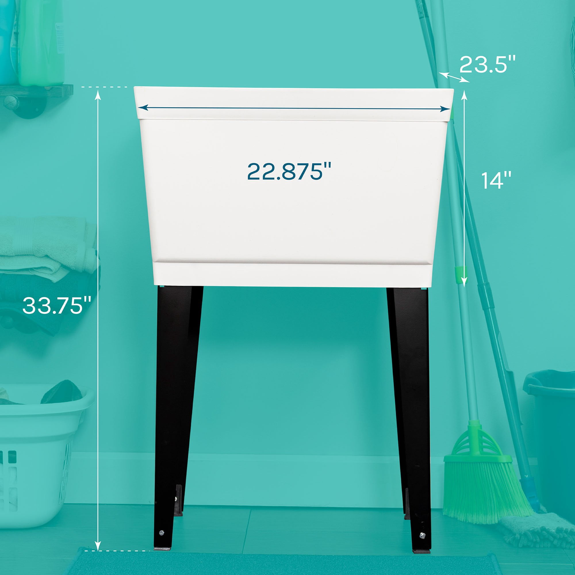 Tehila 19 Gallon White Utility Sink with Black Legs and P-Trap for Laundry Room, Basement, Garage