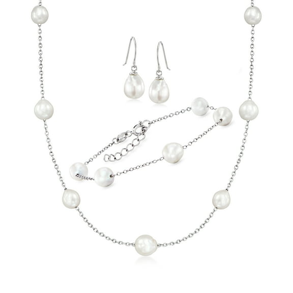 Ross-Simons 6-8mm Cultured Semi-Baroque Pearl Jewelry Set: Necklace, Bracelet and Drop Earrings in Sterling Silver, Women's, Adult