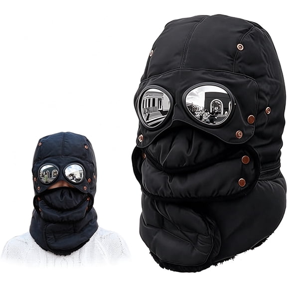 Trapper Hat for Men with Goggles, Winter Thermal Beanie with Mask, Wind-Resistant Ski Goggle Hat Built In