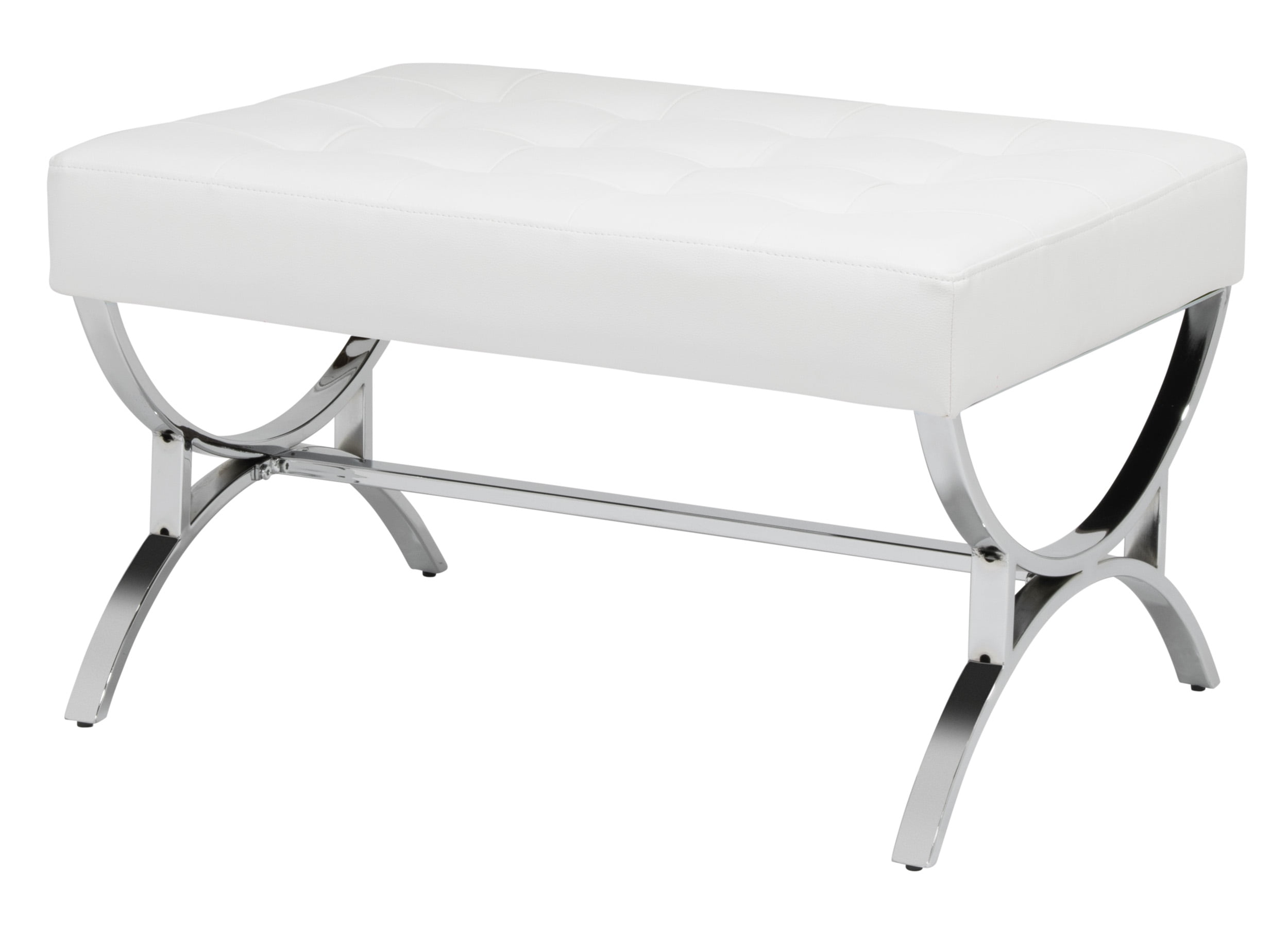 Studio Designs Home Newel Modern Square Ottoman Blended Leather and Chrome Metal Frame in Chrome and White