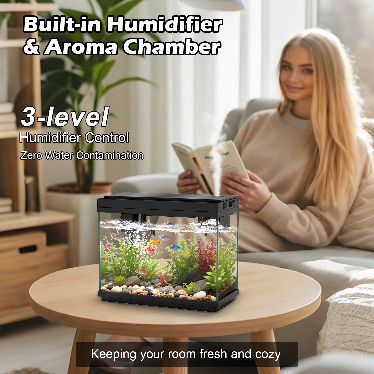 Rechale Smart Fish Tank, 2.4 gal UHD Clear Glass Aquarium with Smart Touch Control, 3-in-1 Silent Pump,7 Color Gradation RGB Lights, Multi-Layer Filtration System,Perfect for Home, Office, and Decor
