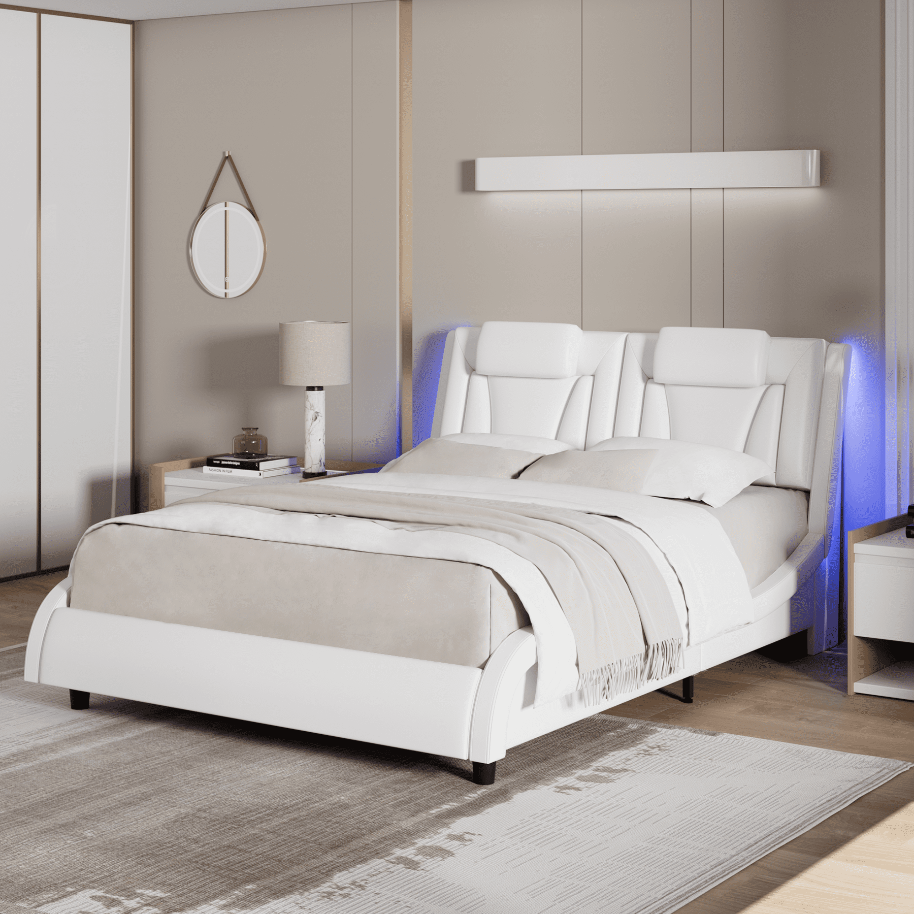 Homfa Queen Bed Frame with Adjustable LED Headboard, PU Leather Curved Upholstered Platform Bed Frame, White