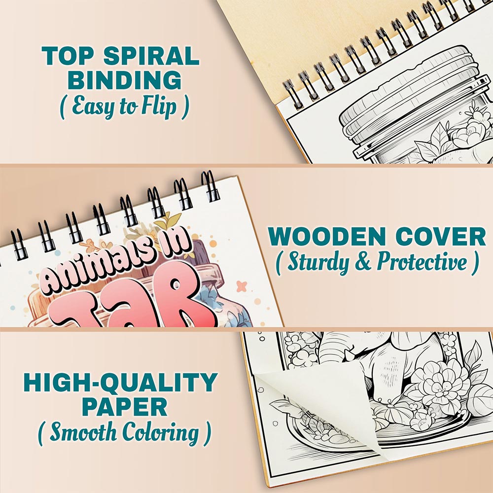 Animals in Jar Coloring Book Spiral Bound For Adults, A5 Wooden Cover, 30 Dreamy Coloring Pages in The Fascinating World Of Animals for Stress Relief and Relaxation