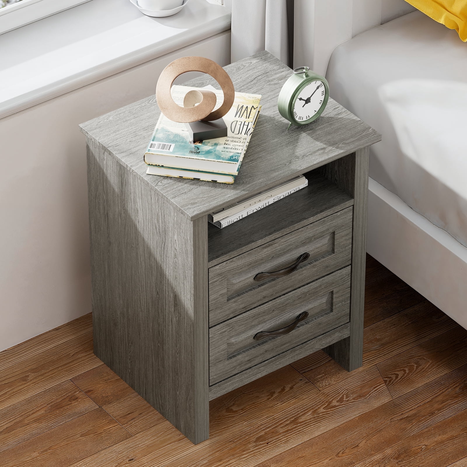 CHITOOMA 2-Drawer Nightstand with Charging Station, Farmhouse Bedside Table with Open Shelf, Small Wood End Table for Bedroom Living Room, Gray