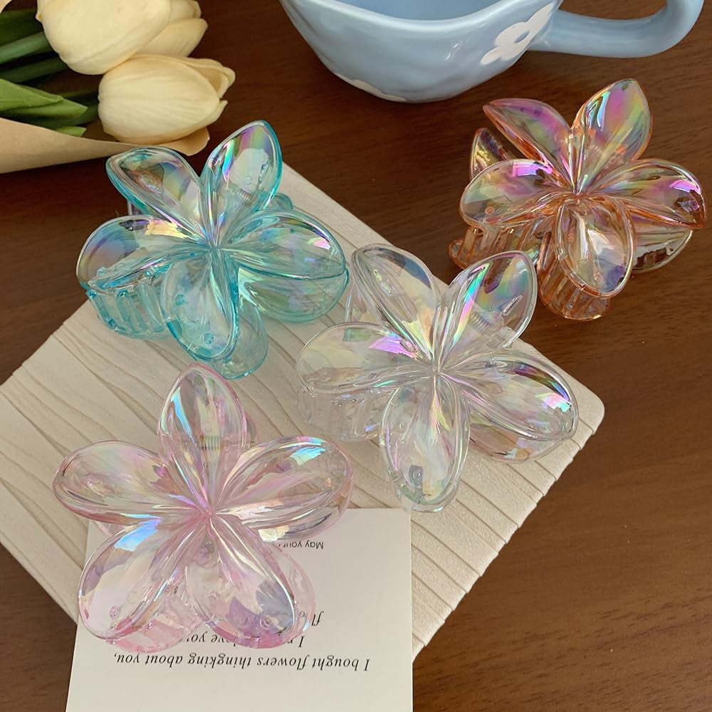 LinYooLi Hair Clip, 6PCS Colorful Clear Flower Claw Clips, Hawaiian Flower Hair Clips for Thick Hair, Beach Hair Accessories for Women and Girls