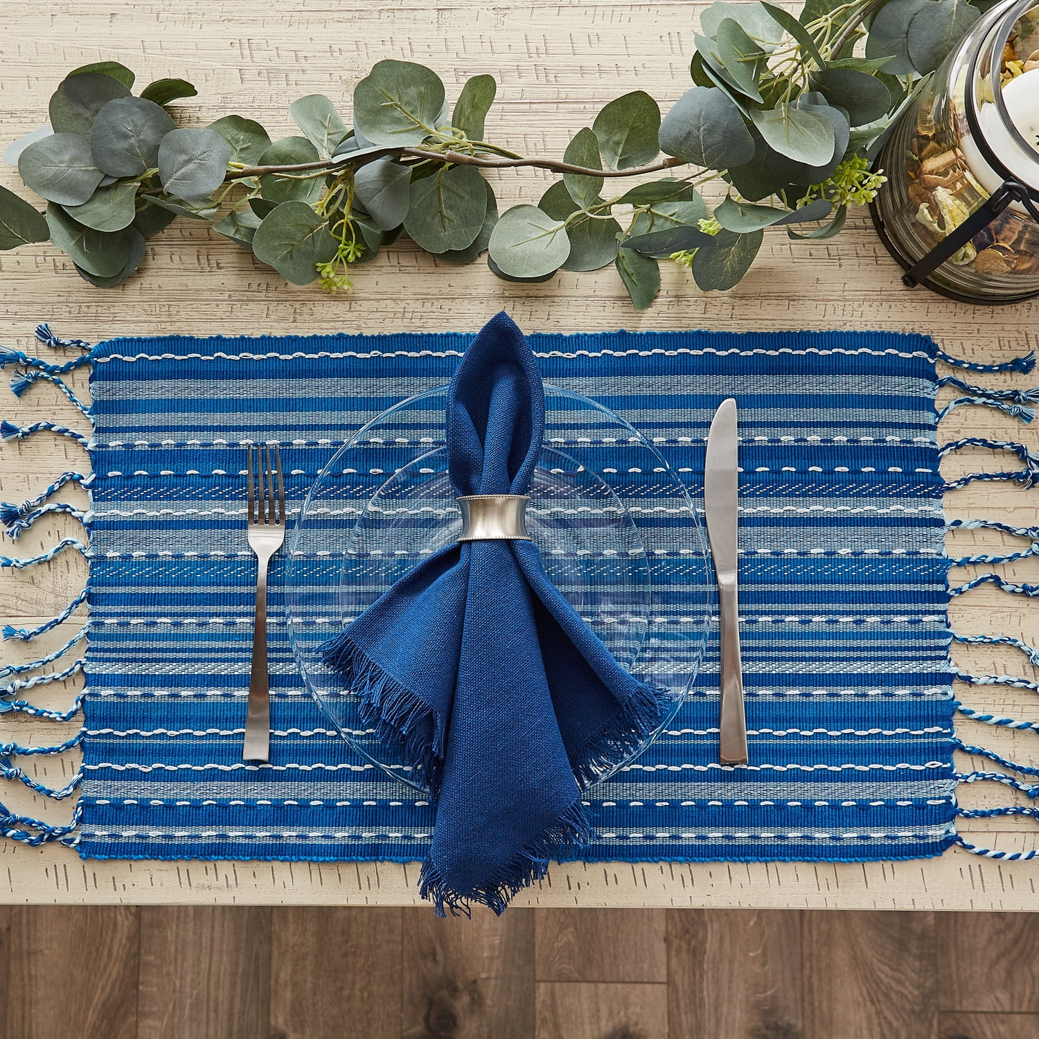 Blue Tonal Stripe With Fringe Placemat (Set of 6)