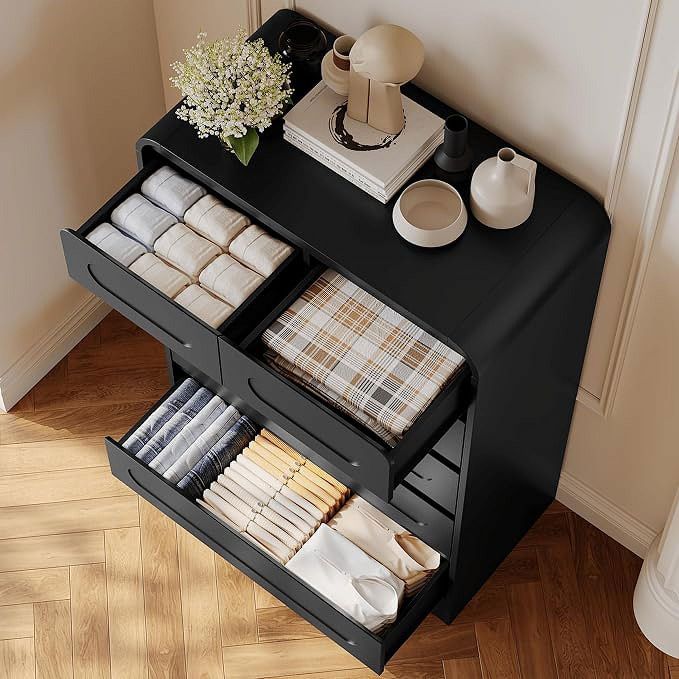 6 Drawer Dresser, 44" Tall Modern Chest of Drawers, Wood Drawer Organizer for Bedroom, Curved Edge Design, Farmhouse Style Dresser for Bedroom, Living Room, or Hallway (Black Finish)