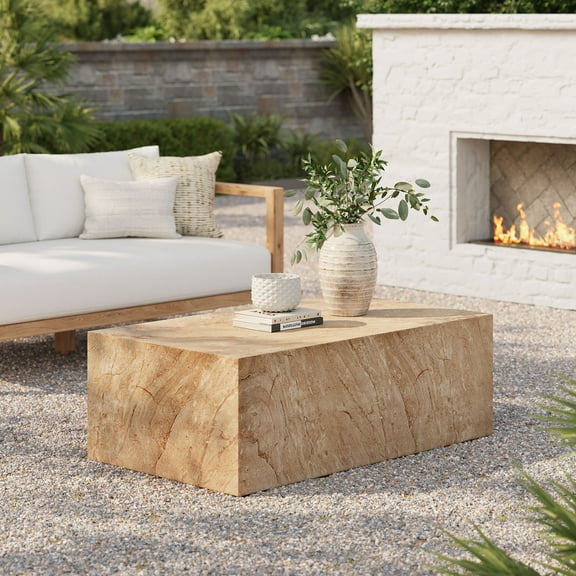 Modway Jordana Square Plinth Indoor - Outdoor Patio Concrete Coffee Table in Travertine