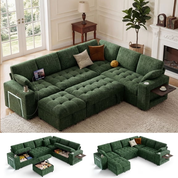 110" Modular Sectional Sleeper Sofa, L-Shaped 7-Seater with Pull-Out Bed, Storage Ottoman, USB & Cup Holders, Side Table, LED Light, Tool-Free Assembly, Green