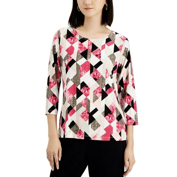 JM Collection Women's Printed Jacquard Top Steel Rose Combo Size XS
