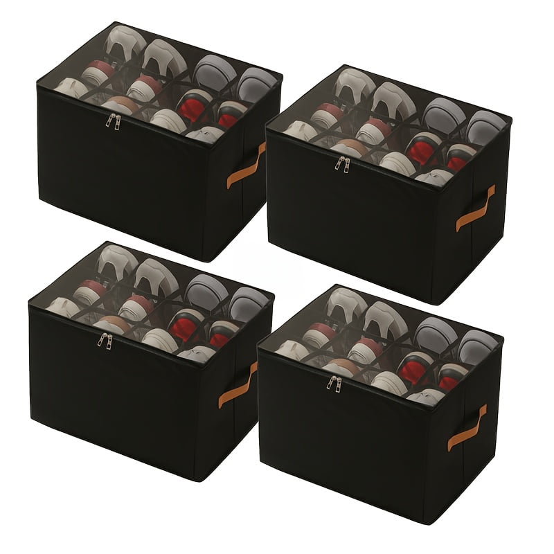 Black/Beige Divided Foldable Fabric Shoe Boxes Multi‑Compartment Storage Box with Transparent Lids Dual Zippers Leather Handles for Closet Sneakers Footwear Organization