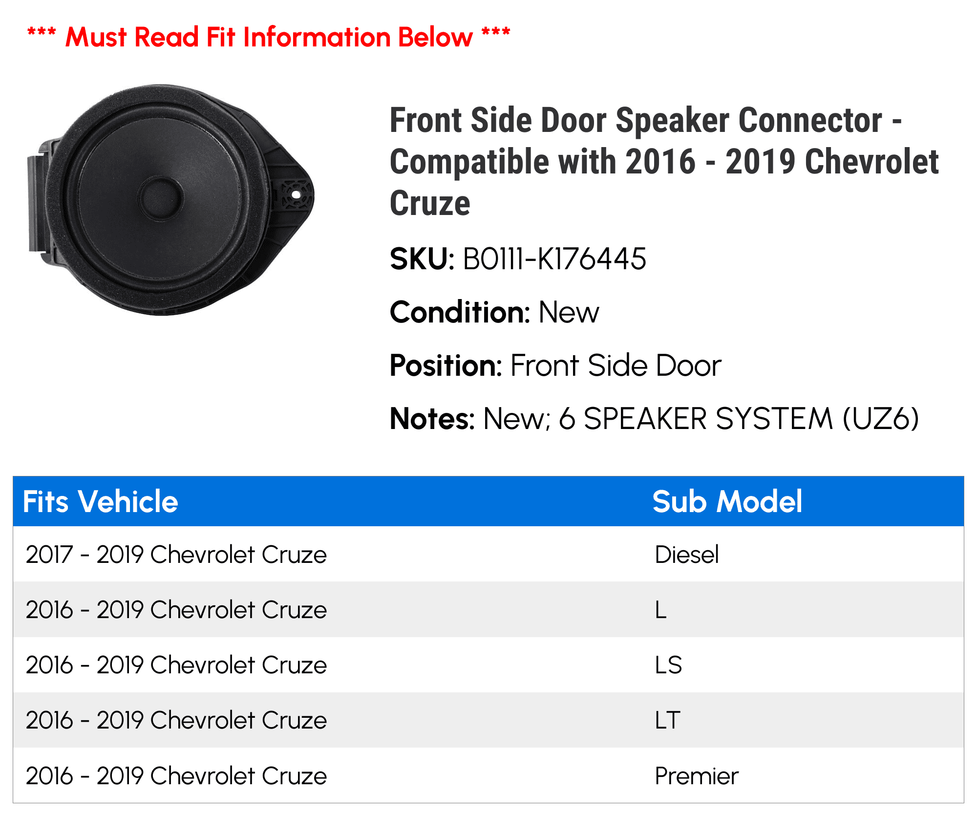 Front Side Door Speaker Connector - Compatible with 2016 - 2019 Chevrolet Cruze - AC Delco