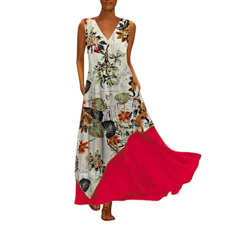 

Mortilo Red Dresses For Women Plus Size Women Vintage V Neck Splicing Floral Printed Sleeveless Maxi Dress