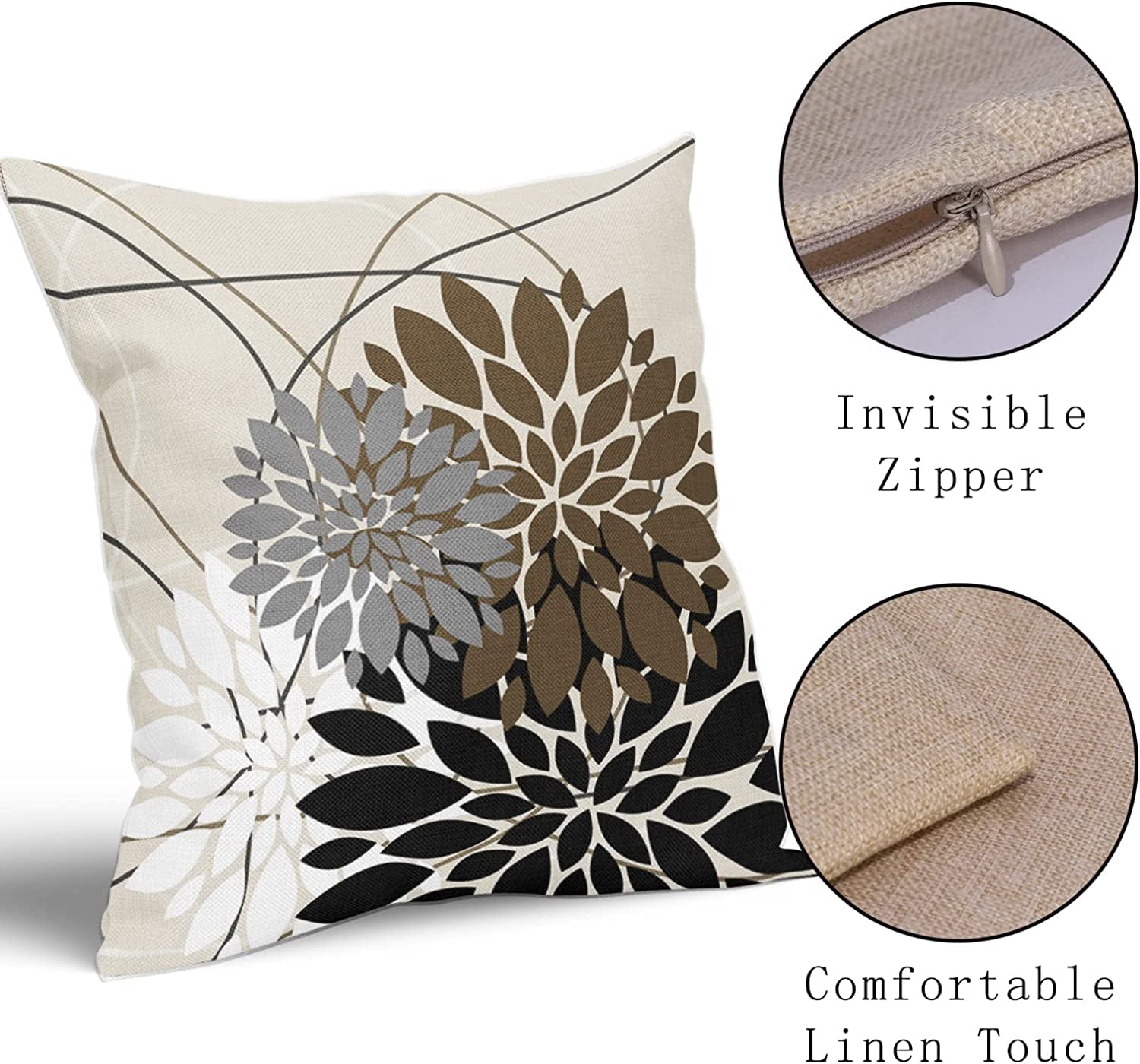 Black Brown Throw Pillow Covers 20x20 Inch Dahlia Flower Decorative Pillows Modern Geometry Floral Outdoor Farmhouse Pillowcase Linen Square Cushion Case Decor for Home Sofa Couch Bed, Set of 2