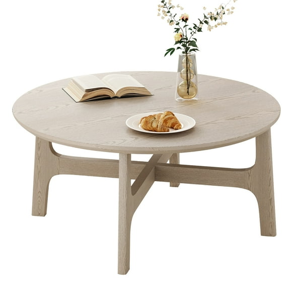 GlasFlength Coffee Table Round Wood Top with Cross Leg Base for Living Room Lounge, White