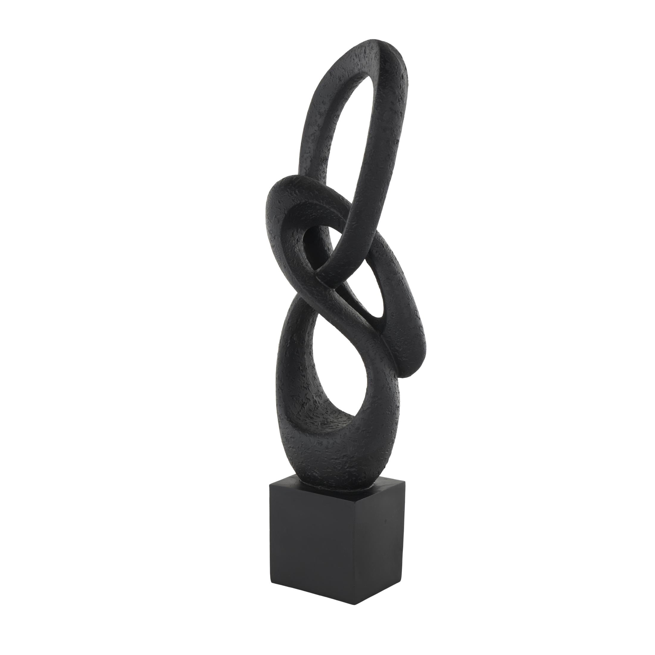 6" x 20" Black Polystone Intertwined Loop Abstract Sculpture with Block Base, by DecMode