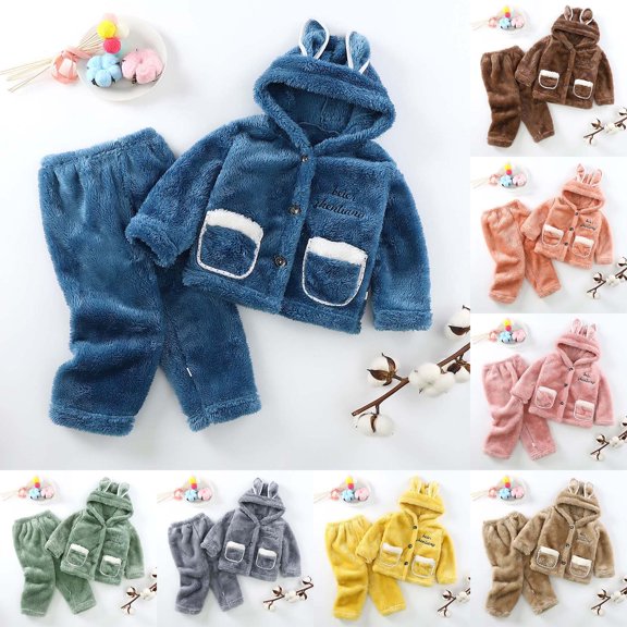 Toddler Pajamas for Girls Soft Flannel Hooded Long Sleeve Top and Pants Winter Warm Homewear Set Girls Clothes Blue 3-4 Years