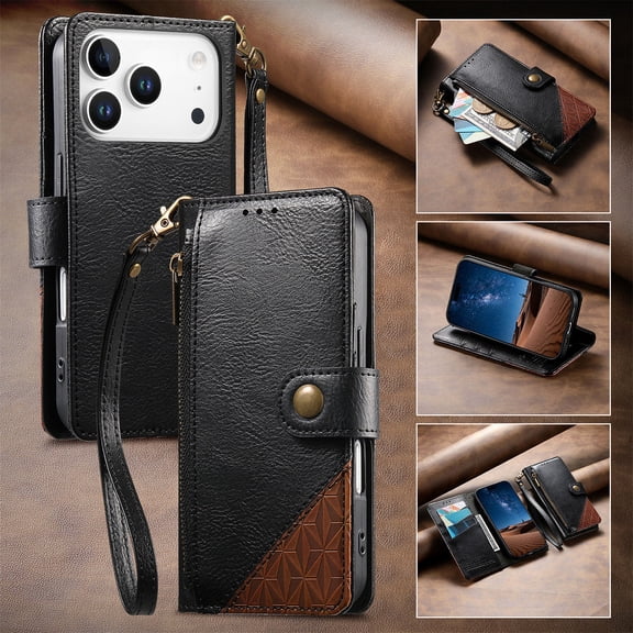 ELEHOLD For iPhone 17 Pro Max Wallet Case,Business Leather Shockproof PU Leather Flip Zipper Card Pocket Phone Case with Strap,Black
