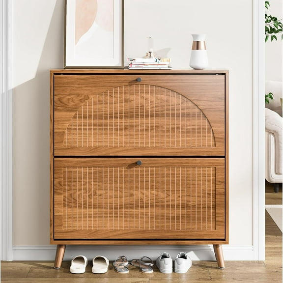 Fsbecl Shoe Storage Cabinet for Entryway with 2 Flip Drawers, Narrow Wood Shoe Cabinet with Fluted Panel, Freestanding Hidden Shoe Organizer for Foyer, Hallway (Walnut - No Shelf)