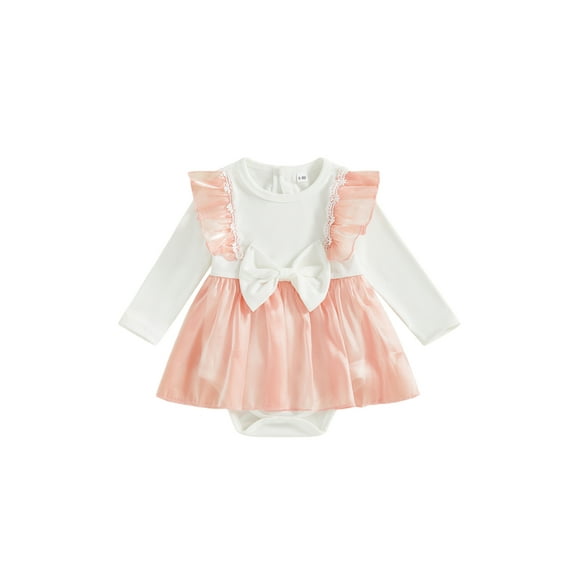 Spewahor Toddler Baby Girl Romper Dress Bow Contrast Ruffle Trim Long Sleeve Jumpsuit for Spring Fall