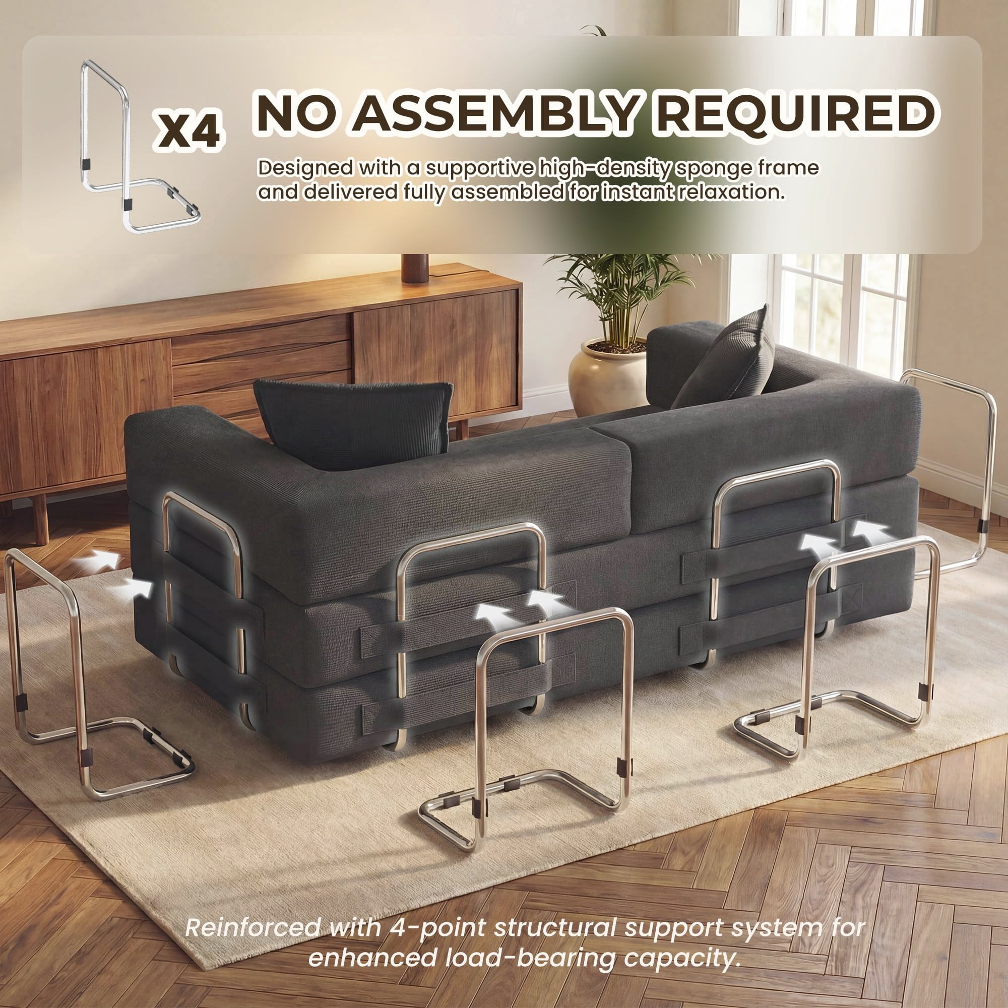 Aukfa 79" Convertible Futon Sofa Bed with Fixed Frame, 5-in-1 Boneless Couch for Living Room, Corduroy, Gray
