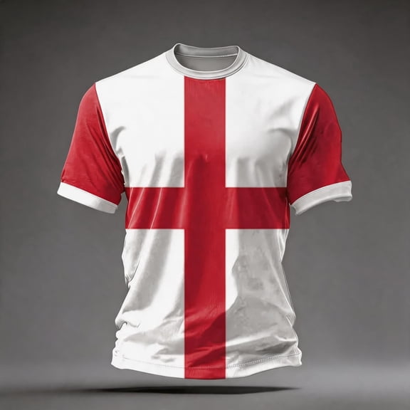 England 2026 Soccer Cup Fan Jersey for Men, Short Sleeve Crew Neck Shirt with Red & White Cross Pattern, Breathable Athletic Top, 1 PC Beige L