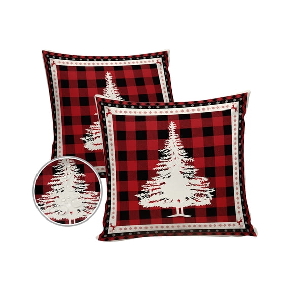 Pack of 2 Outdoor Pillow Covers, Christmas Tree Black and Red Buffalo Check Waterproof Square Throw Pillowcase Cushion Decorative Pillow Covers for Couch Patio Tent, 16x16 in