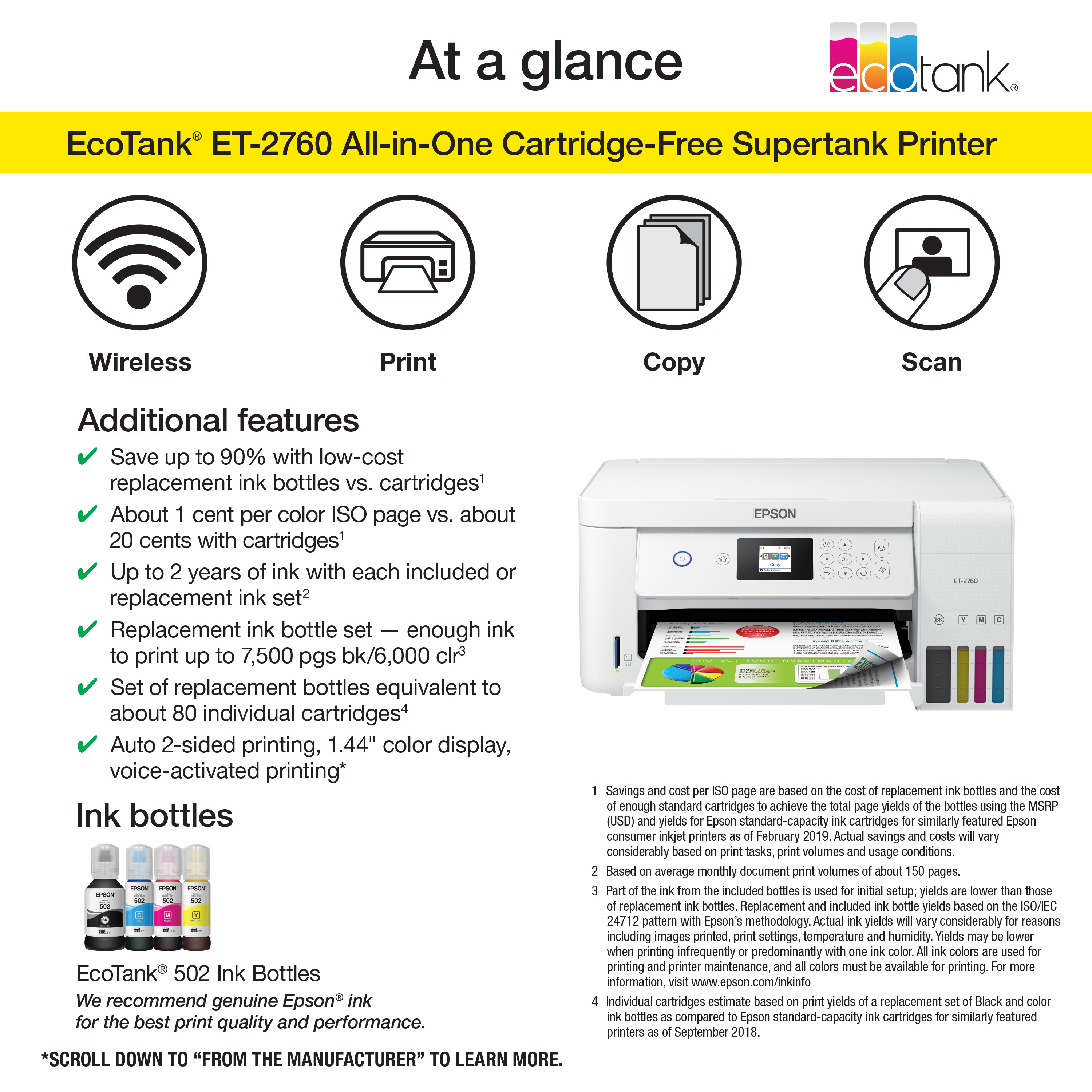 Epson EcoTank ET-2760 Wireless Color All-in-One Cartridge-Free Supertank Printer with Scanner and Copier - image 3 of 8