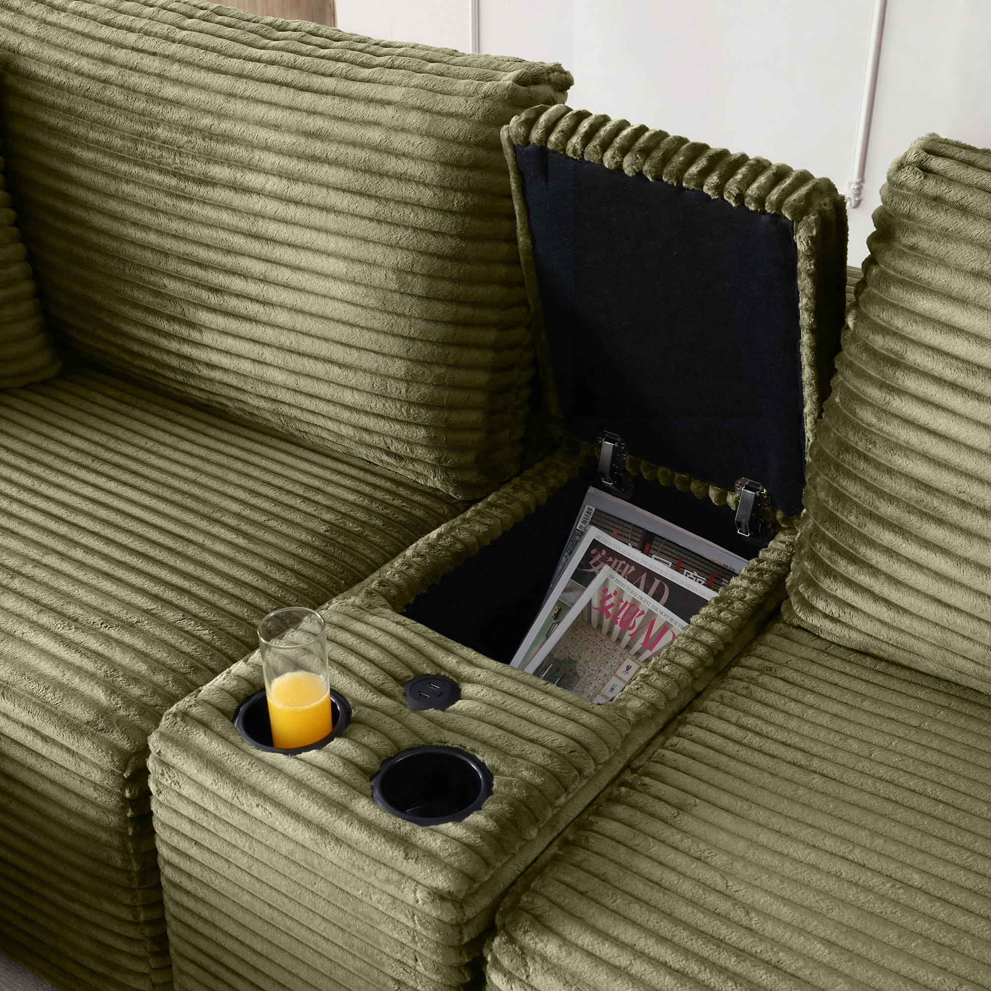 Aukfa 111" Cloud Sectional Sofa Deep Seat Boneless Couch with USB&Cupholdes Storage Console, Modular L-Shaped Couch for Living Room, Corduroy, Green