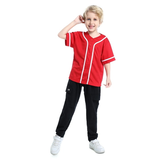 TOPTIE Boys Baseball Jersey, Kids Button Down Jersey T-Shirt Softball-Red White-3T