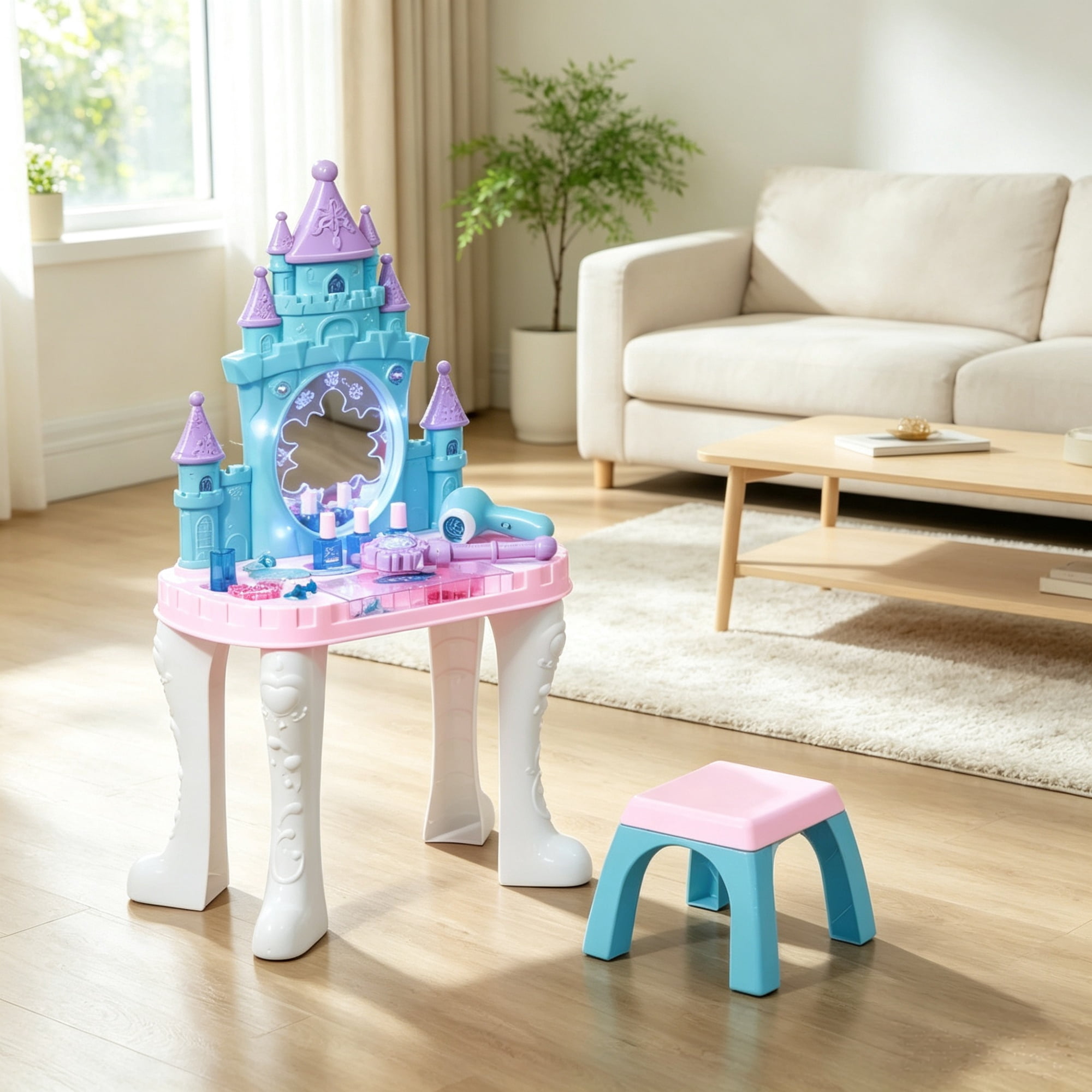 Kids Dressing Table with Mirror Lights and Magic Wand for Ages 3-6