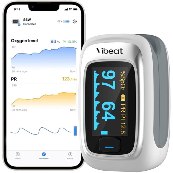 Vibeat Pulse Oximeter Bluetooth Blood Oxygen Monitor with SpO2 and Heart Rate Tracking for Aviation and High Altitude Sports, Silver
