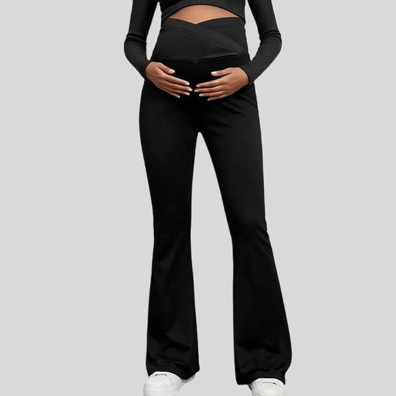 KANG Fashion Women's High-Waisted Maternity Yoga Pants Crossed Support Belly Band Flattering Flared Leg Design Soft Stretchy Comfortable Prenatal Workout Leggings Black S