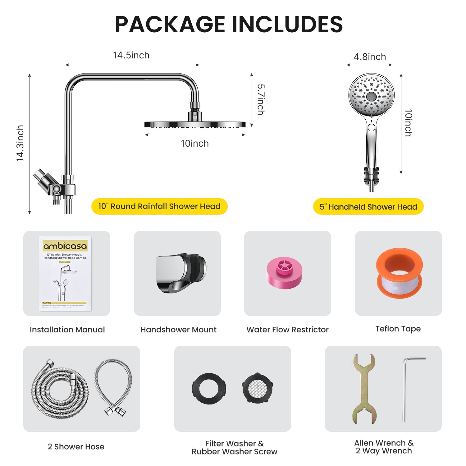iDOO Luxury Dual Showerhead Combo, 10" Rainfall Shower Head & 5" Handheld Shower Head