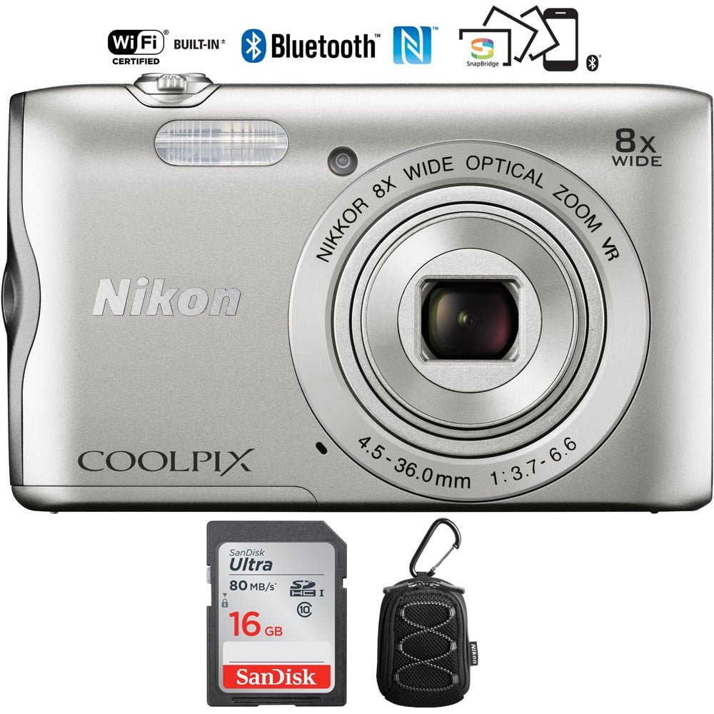 Moeras boter Maak een sneeuwpop Nikon Coolpix A300 20.1MP 8x Optical Zoom NIKKOR WiFi Silver Digital Camera  – (Renewed) with 16GB Bundle - Walmart.com