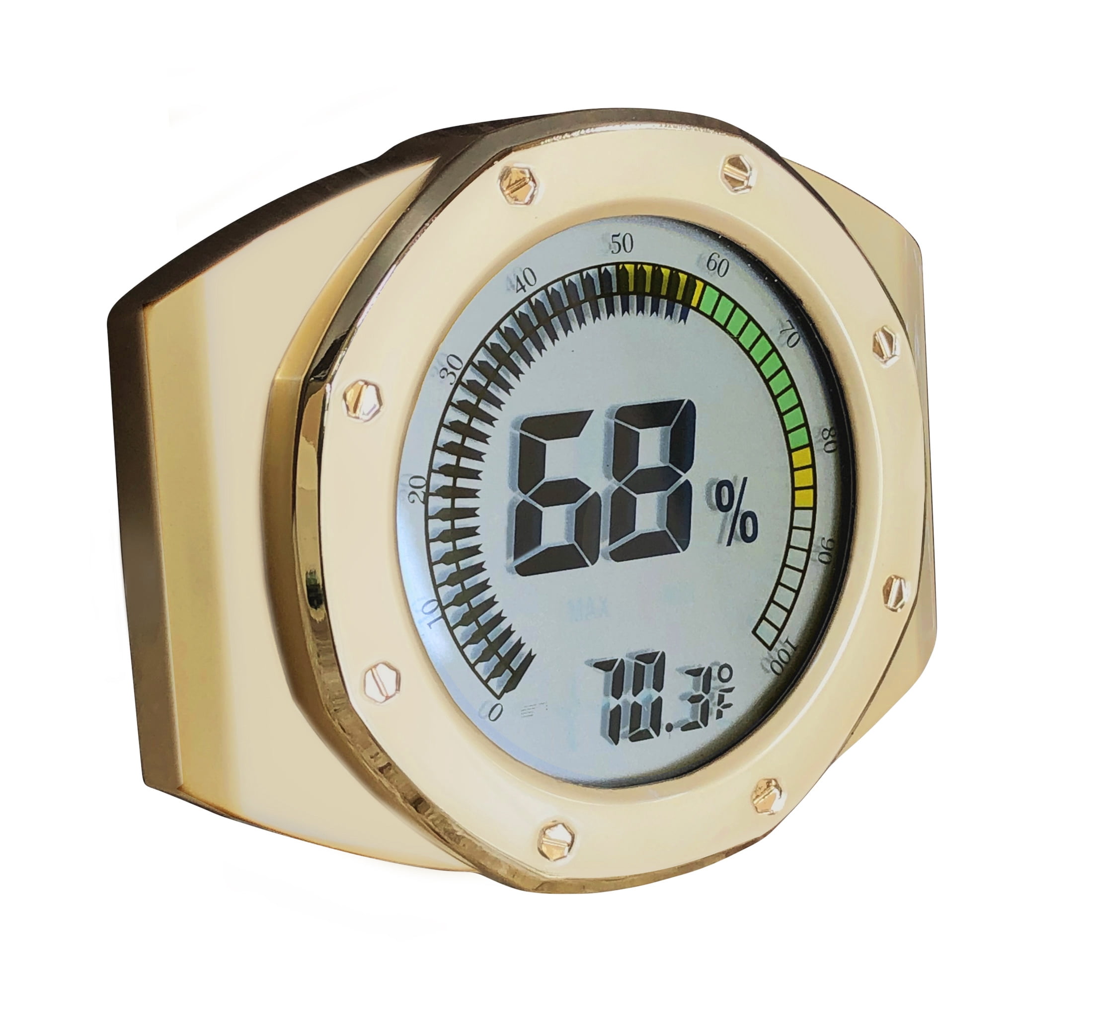 Prestige Import Group Distinctive Watch Style Bezel & Case Thermometer Hygrometer for Humidity & Temperature Monitoring with Digital LCD Display Gauge - Gold - 2 Pack