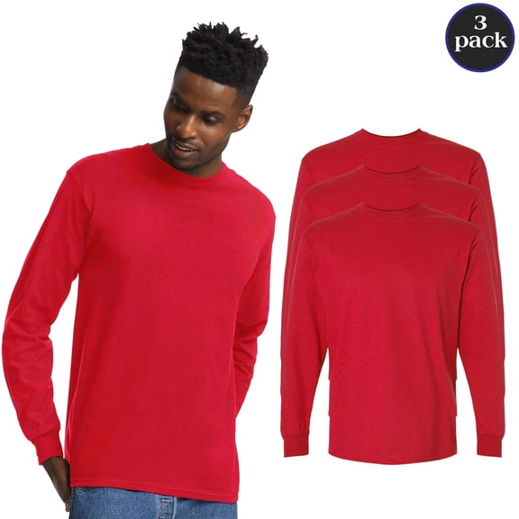 Gildan Men Ultra Cotton Long Sleeve T-Shirt, Comfortable Crewneck Red Color Casual Tee, 3-Pack, S
