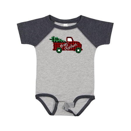 

Inktastic Merry Christmas Red Buffalo Plaid Truck with Tree Boys or Girls Baby Bodysuit