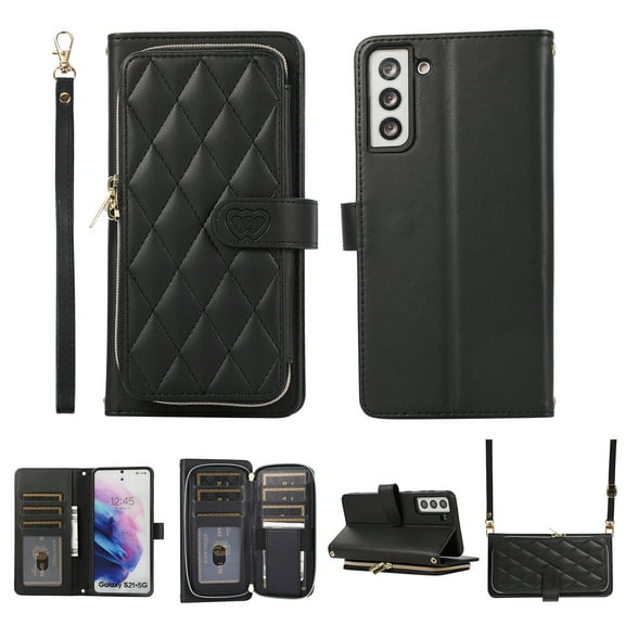 Nalacover for Samsung Galaxy S21 Premium PU Leather Crossbody Case with Shoulder Strap & Wrist Strap,Shockproof Magnetic Flip Kickstand Credit Card Slots Zipper Wallet Phone Case,Black