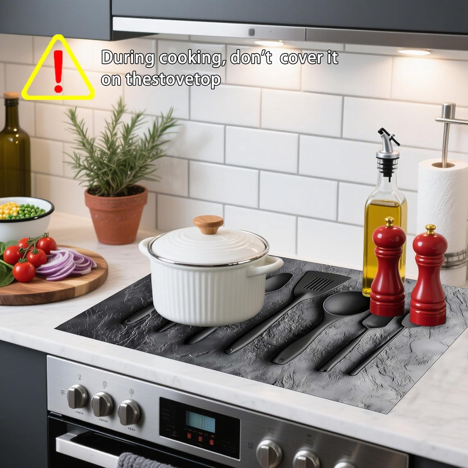 Stove Top Cover Polyester & Diatom Mud Blend 28.35×20.47inches (Black Kitchen Utensils Design) Stove Top Cover for Kitchen, Perfect for Cooking Enthusiasts,Home Decor