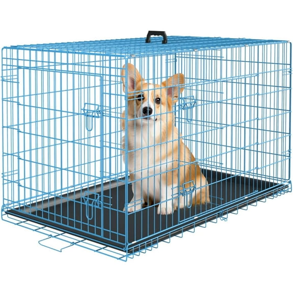 GREOKL Large Dog Crate Kennel for Medium Large Dogs Metal Dog Cage Double-Door Folding Travel Indoor Outdoor Puppy Playpen with Divider and Handle Plastic Tray, 30.0"L x 18.0"W x 20.0"H Blue