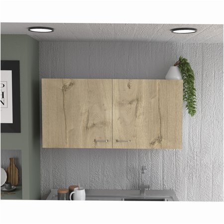 JERFIT 18 Modern White & Light Oak Wall Mount Cabinet with Double Doors & 2 Shelves for Kitchen Bathroom Storage