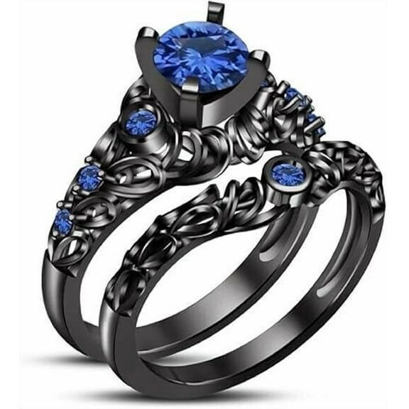 beryl_creation 14K Black Gold Plated 2.20 Ct Round Cut Blue Sapphire Wedding Engagement Thanksgiving Christmas Bridal Ring Set 925 Sterling Silver For Women's -5