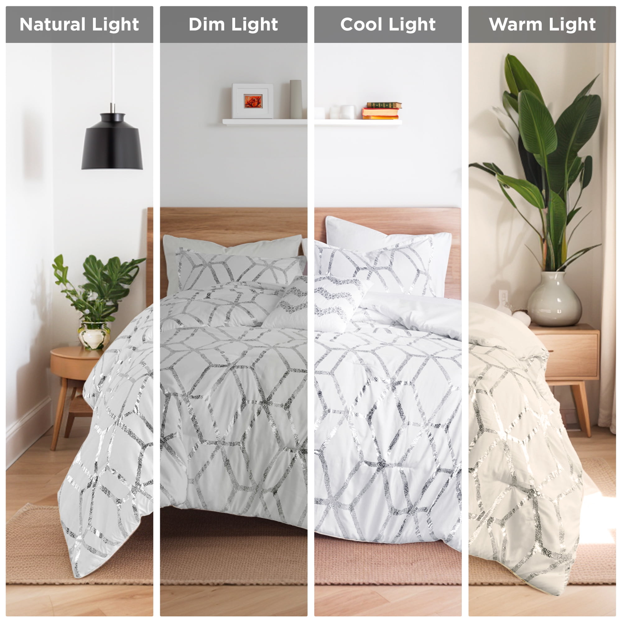 Comfort Spaces Full/Queen Size Comforter Sets, 4-Piece Bedding Set for All Season, White and Silver Comforter Bed Set, Geometric Metallic