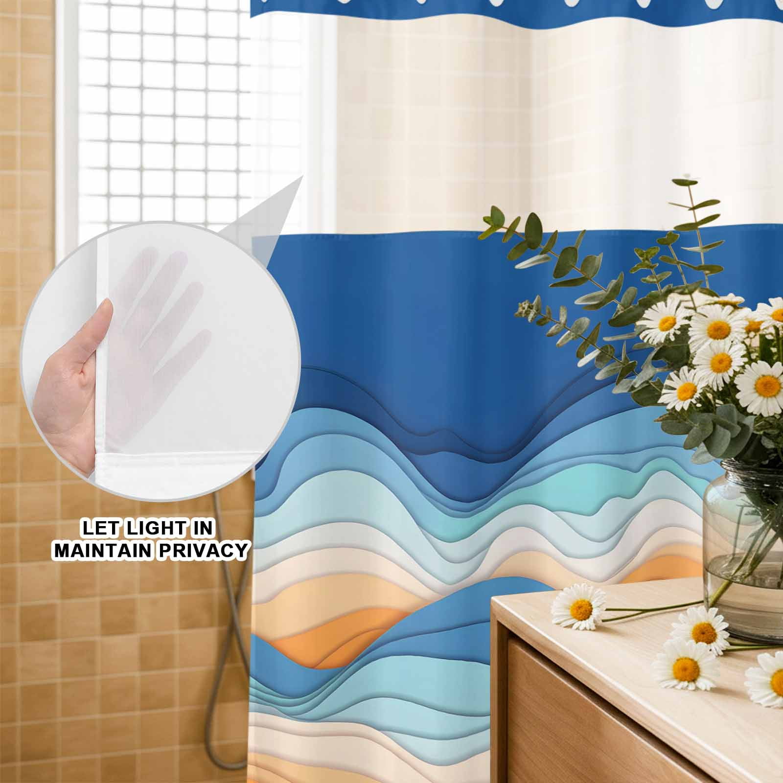 No Hook Shower Curtain Ombre Orange Blue Shower Curtain for Bathroom Abstract Mountain Waves Lines Bath Curtains Waterproof Fabric with See Through Top Window for Spa Hotel 36x72 Inch