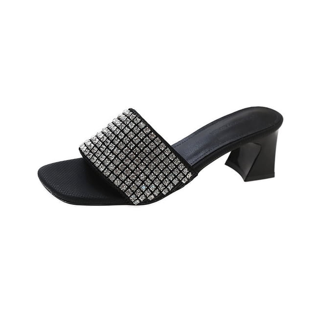 Zapatillas de verano con tacón grueso y diamantes de imitación para mujer, elegantes zapatillas de tacón alto a la moda para mujer, sandalias con tiras y punta cuadrada
