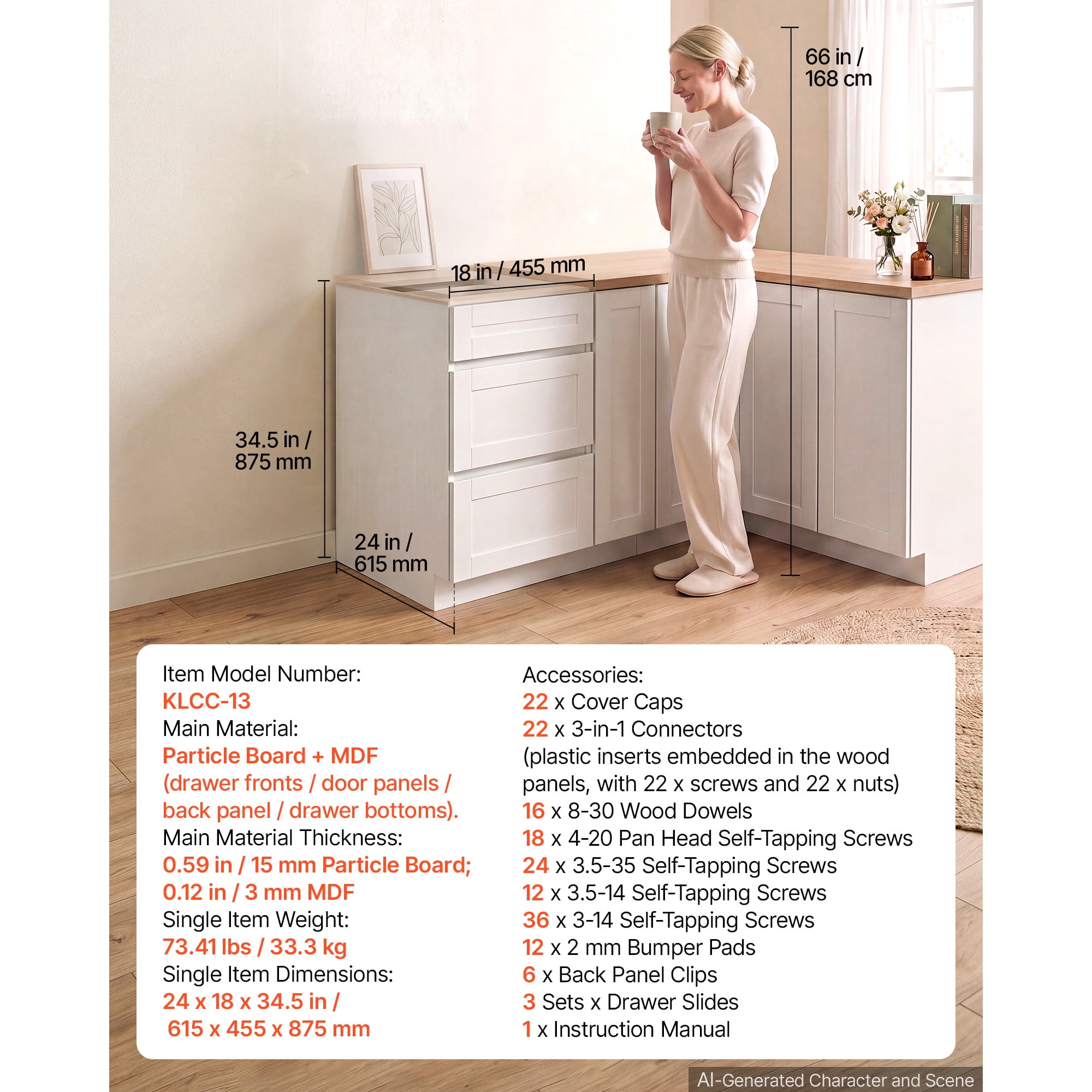 KFFKFF White Shaker Base Cabinet, 18"W, Ready to Assemble, 18" W x 24" D x 34.5" H, Featuring 3 Drawers, Soft-Close Mechanism, Durable Edge Banding, Suitable for Home, Office, or Laundry Spaces